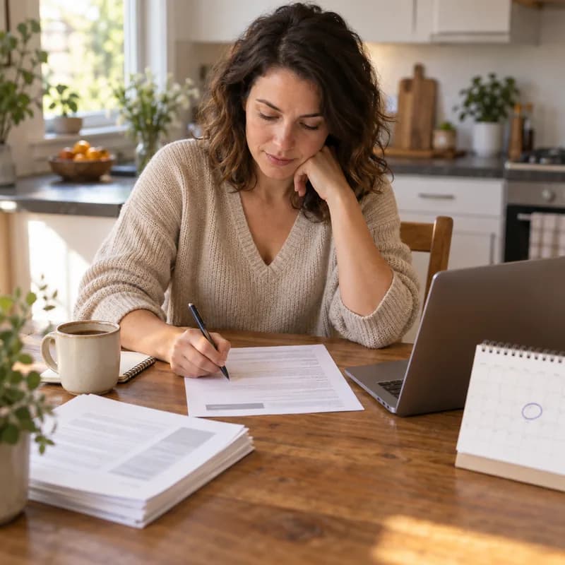 A woman at her kitchen table marking up a printed job posting beside her laptop and a desk calendar with one date circled