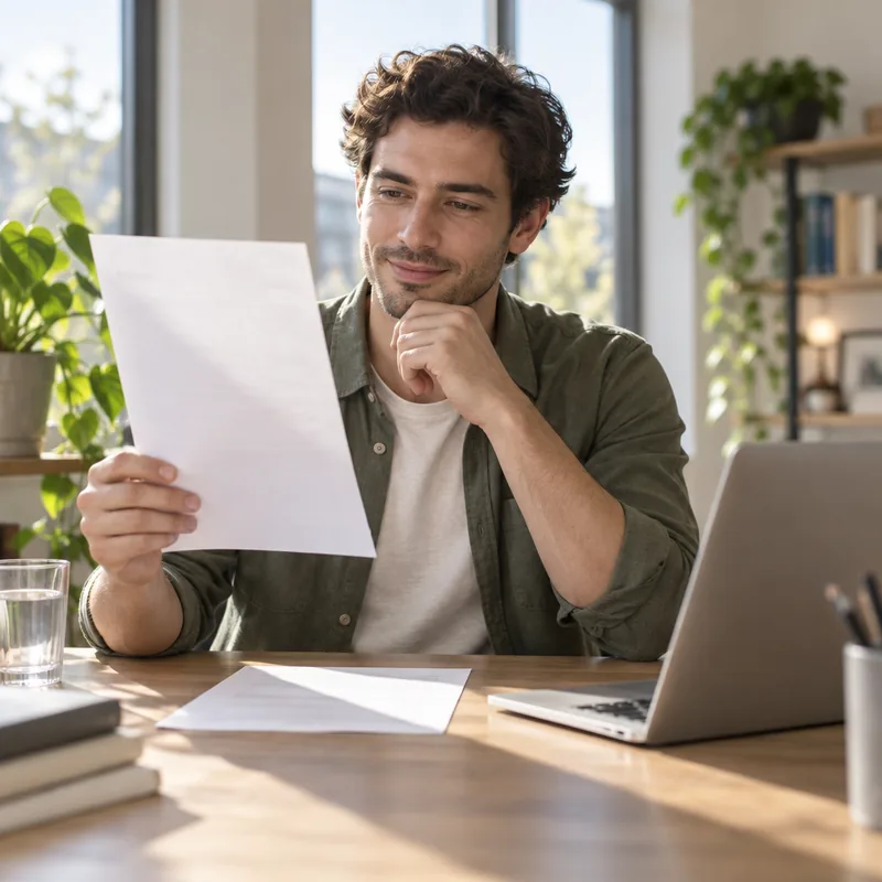 A man at a sunlit desk reading a freshly printed page of his resume beside his laptop