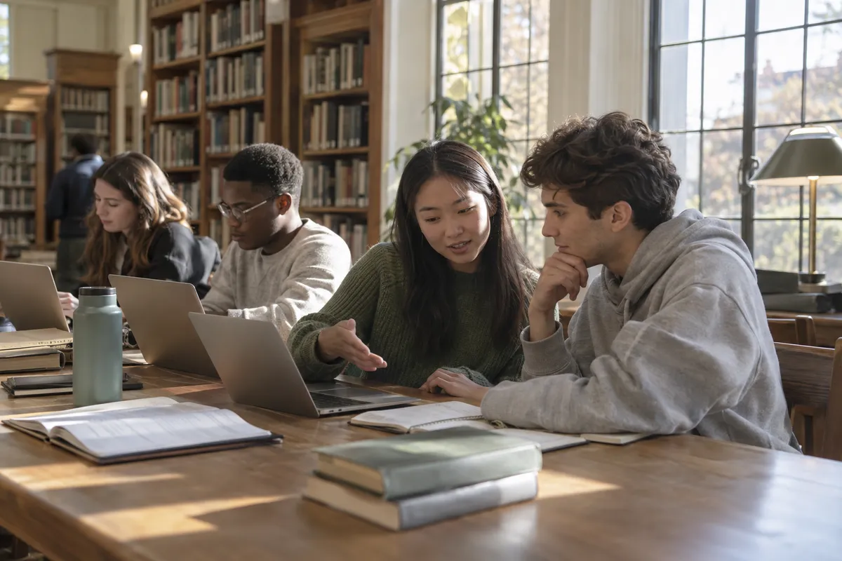 Students working together over laptops and notebooks at a long table in a university library